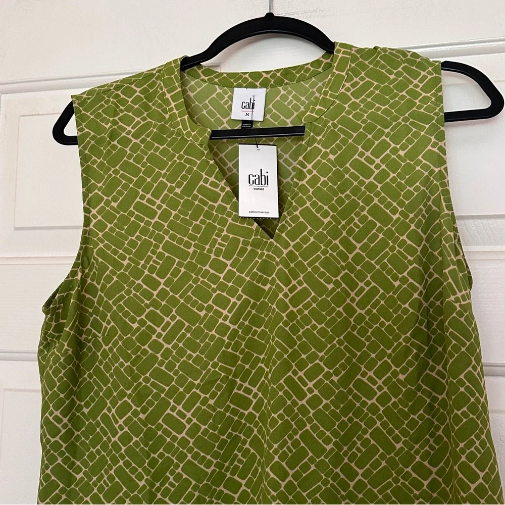 CAbi Olive Green Geometric Sleeveless Blouse